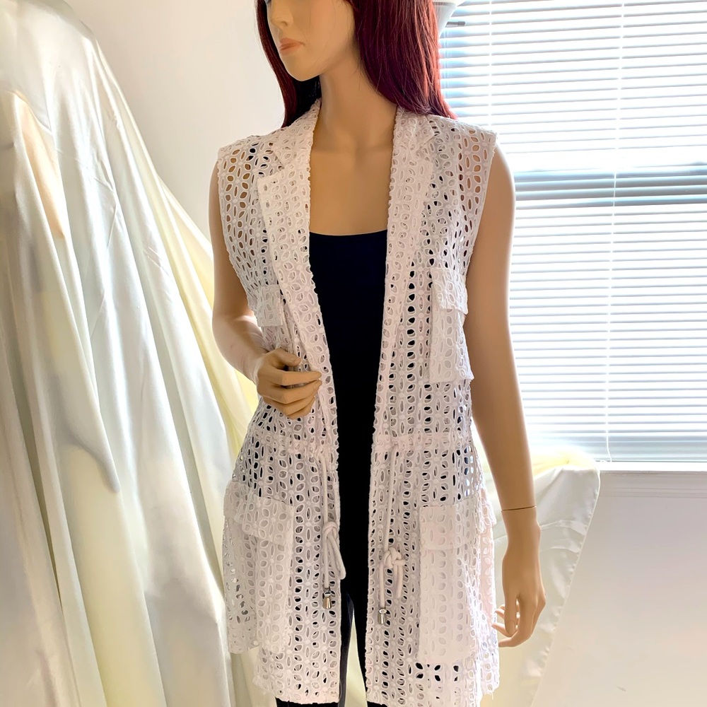 White eyelet long vest